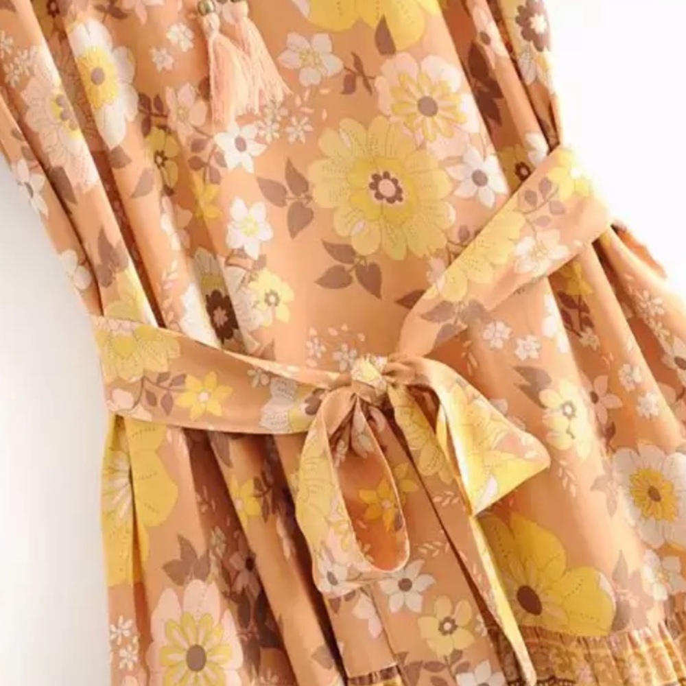 Yellow Tiered Boho Floral Gypsy Print Dress - Picture 8 of 11